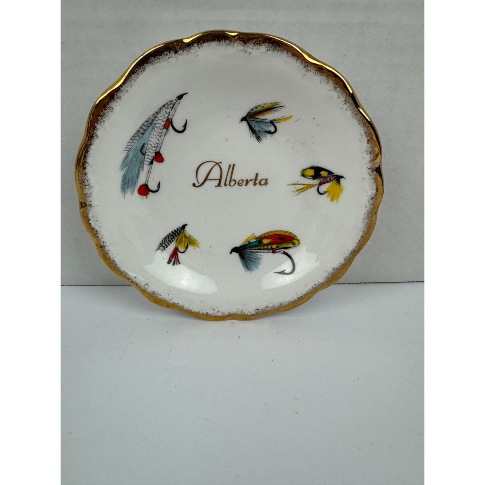 Queen Anne Fine Bone China Alberta Fly Fishing Trinket Dish Gold Gilt England